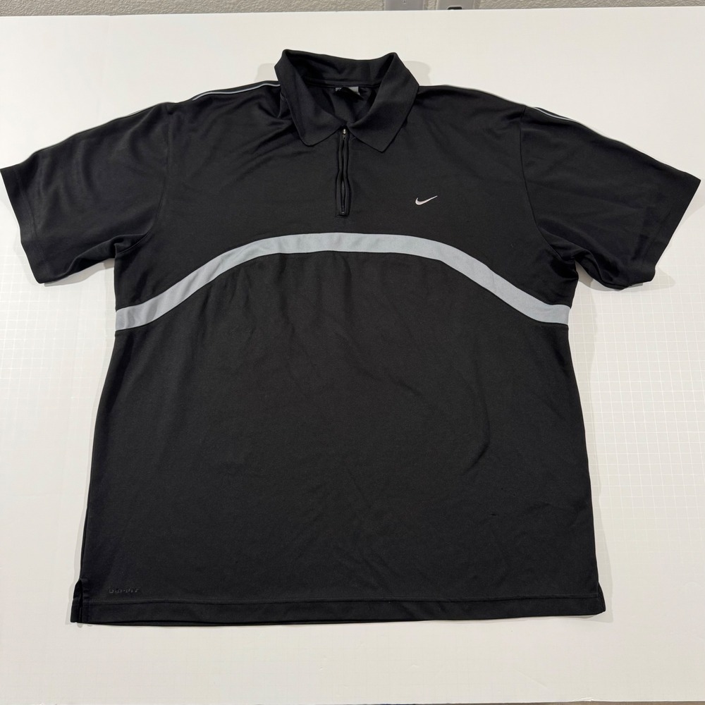 Nike Polo Shirt Mens XL Black Dri-FIT Quarter Zip Grey Stripe Short Sleeve